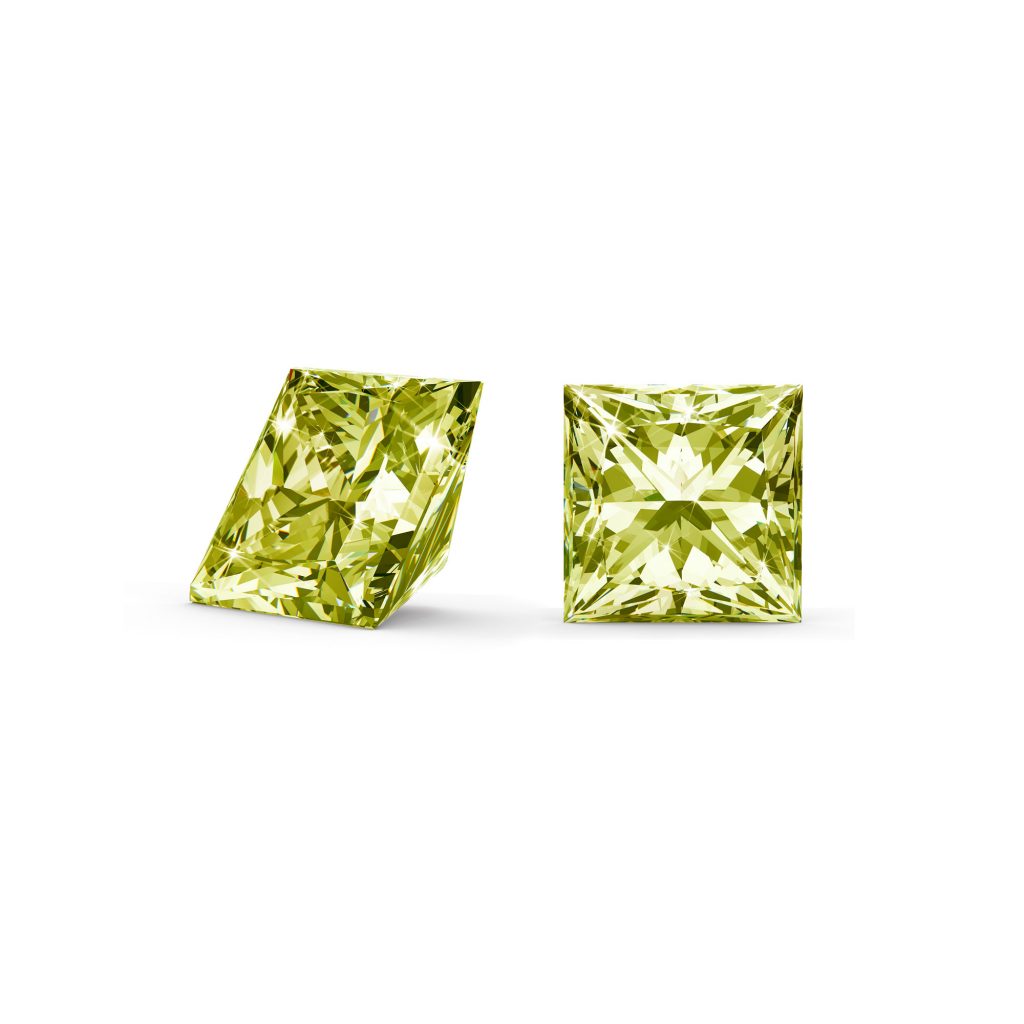 Grøn/gul diamant princess cut side og top
